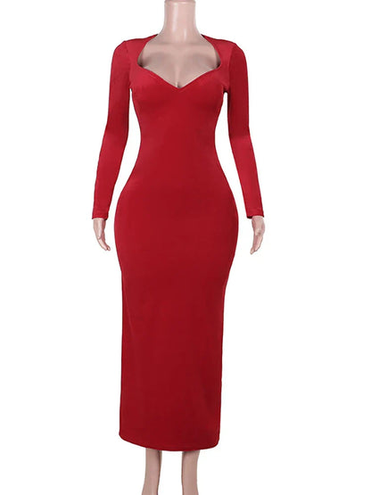Red Long Sleeve Side Slit Dress