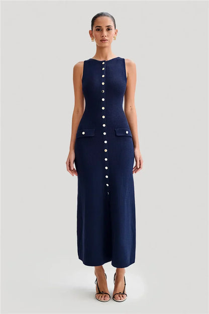Knit Maxi Dress with Pockets Button - Front