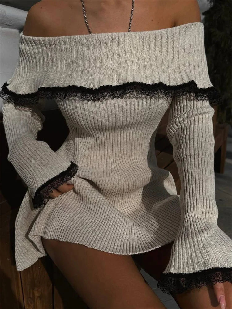 Knit Off Shoulder Sweater Mini Dress Women's Lace Patchwork Ribbed Slim Backless Elegant Party Dress Knitwear Mini Dress