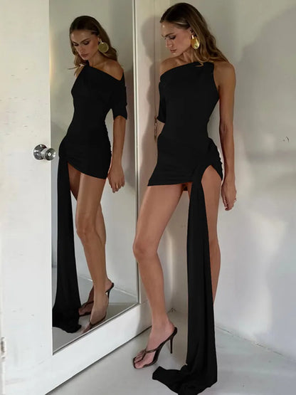 Oblique - Shoulder Backless Irregular Draped Dress