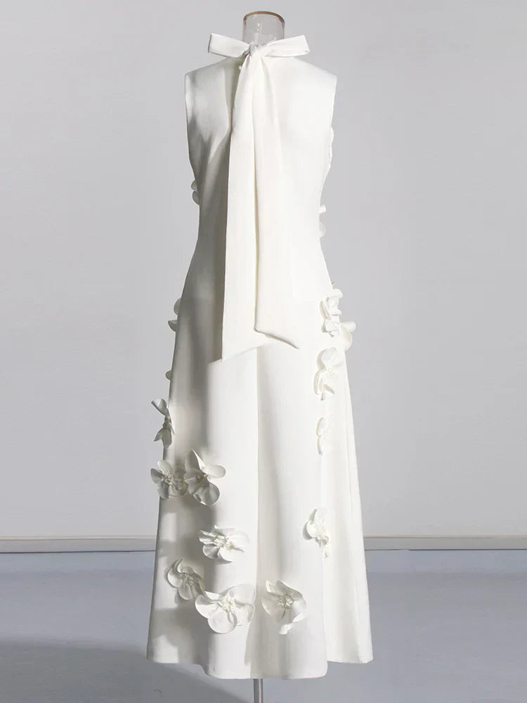 3D Flower Appliqué Mock Neck Midi Dress