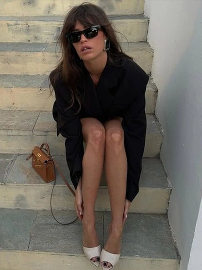 Lace - up V Neck Solid Blazer Dress