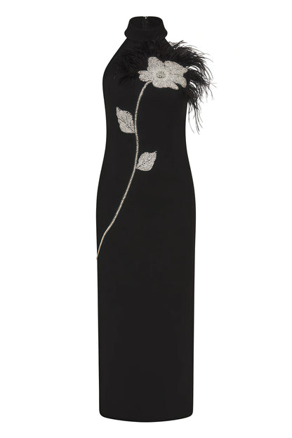 Thian Floral Embellished Feather Bandage Midi Dress
