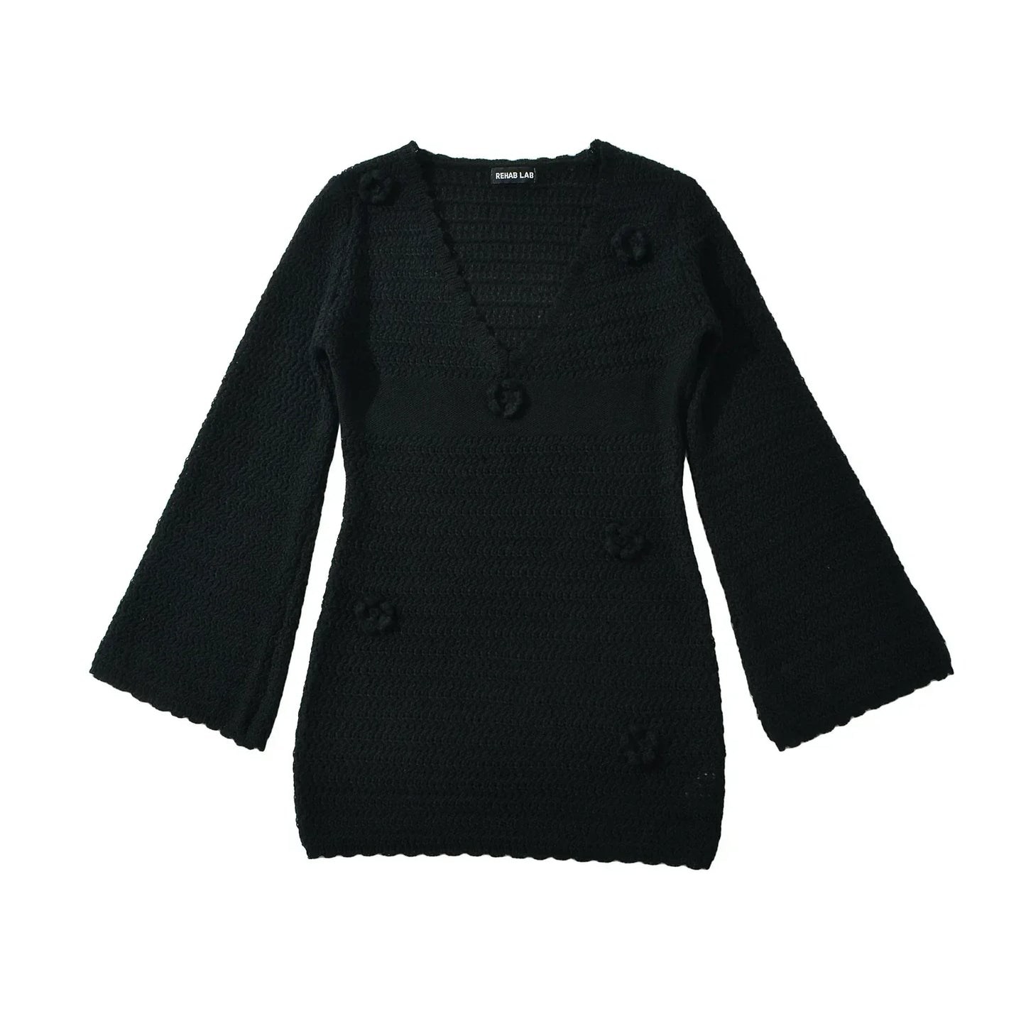 3D Flower Hand Crotch Full Flare Sleeve Sweater Dress