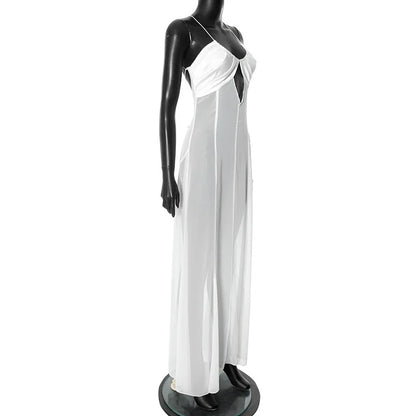 Mesh White Spaghetti Strap Hollow Out Dress