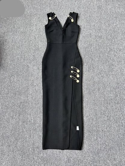 Sleeveless V Neck Bandage Long Dress