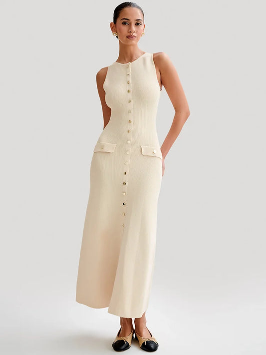 Knit Maxi Dress with Pockets Button - Front