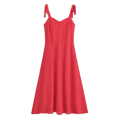 Solid Red Tie Bow Strap Midi Dress