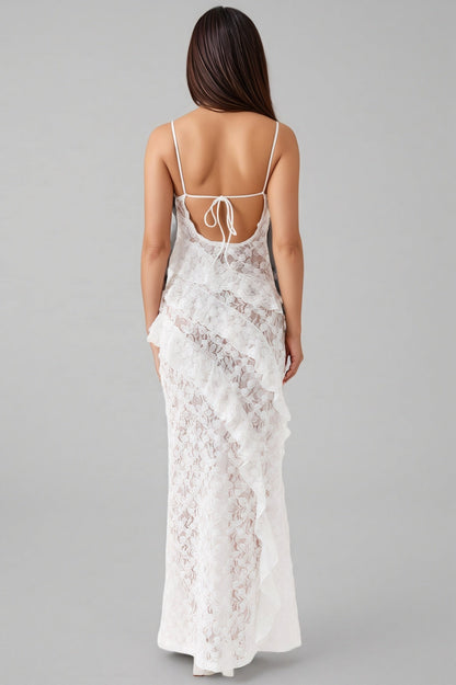 Nevah White Lace Frill Maxi Dress