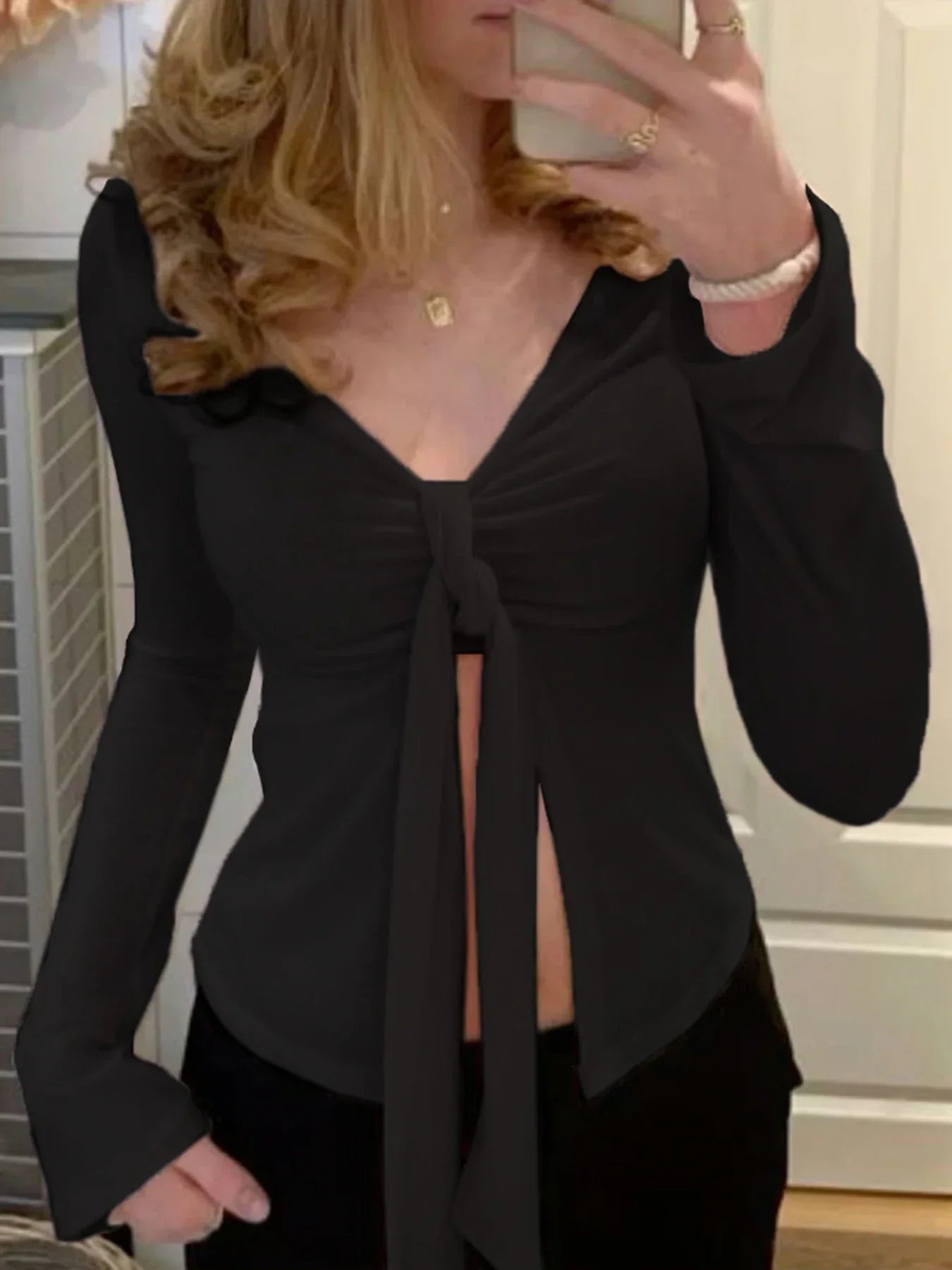 Black Tie VNeck Split Sexy Blouse Crop Top