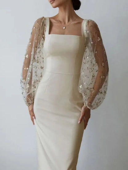Aurora Aesthetic Evening and Party Dress with Square Neckline and Long Sleeves Statement Occasion Edit