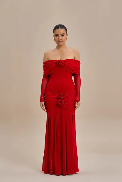 Off - shoulder Strapless Rose Long Sleeve Dress