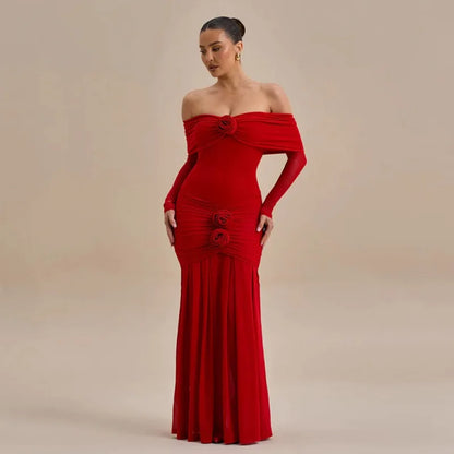 3D Flower - appliqué Mesh Long Sleeve Fishtail Maxi Dress
