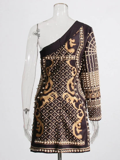 Printed Diagonal Neck Off One - Shoulder Patchwork Bead Dress