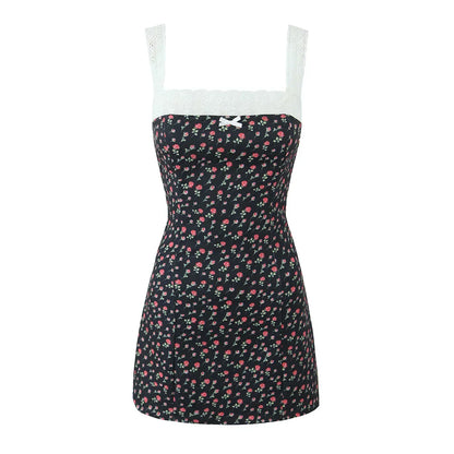 Flower Print Embroidery Lace Slash Collar Mini Dress