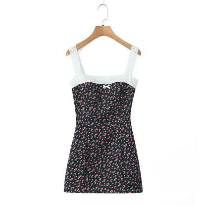Flower Print Embroidery Lace Slash Collar Mini Dress