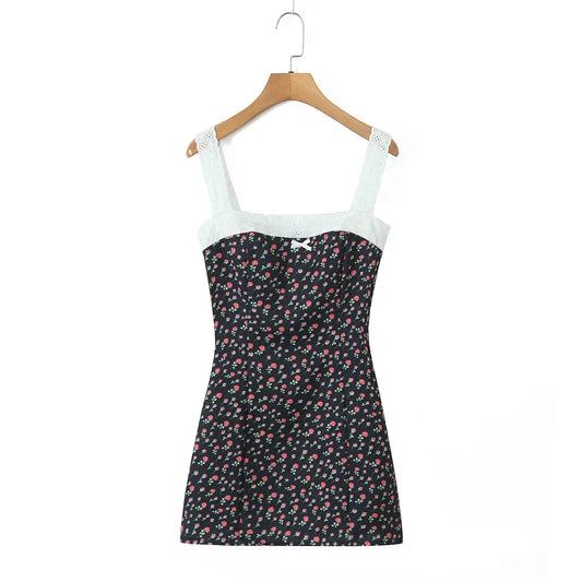 Flower Print Embroidery Lace Slash Collar Mini Dress