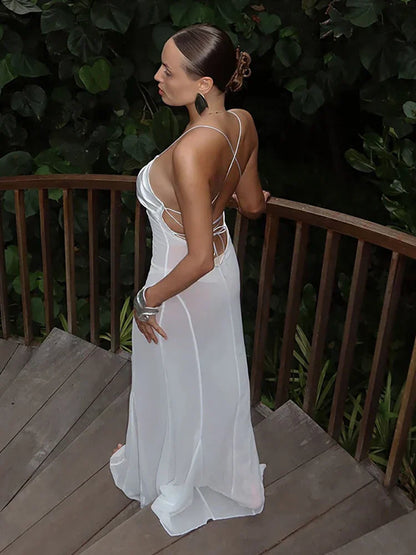 Mesh White Spaghetti Strap Hollow Out Dress