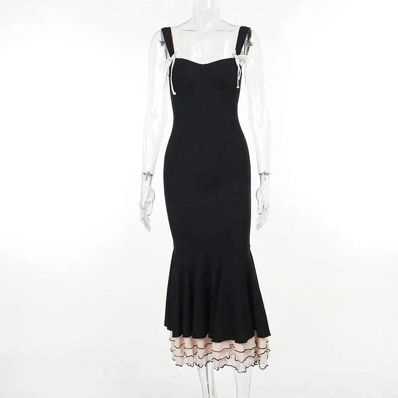 Black Ruffle Trim Fishtail Midi Dress