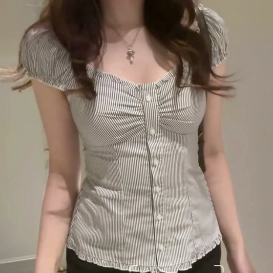 Y2K Stripes Ruffle Blouse