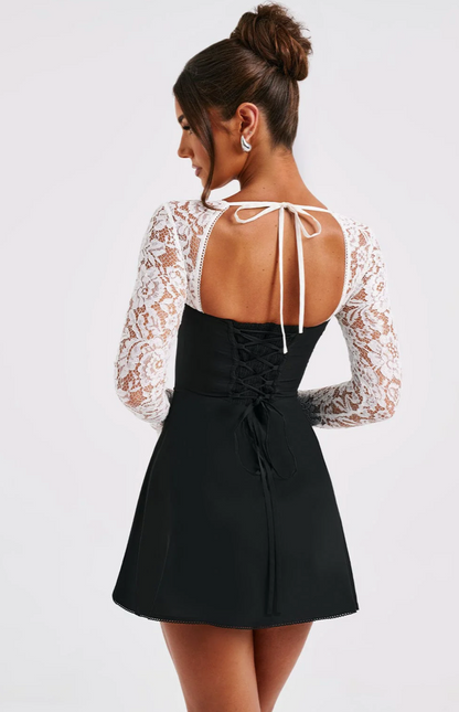 Anina - Tie - Up Lace Sleeves Mini Dress