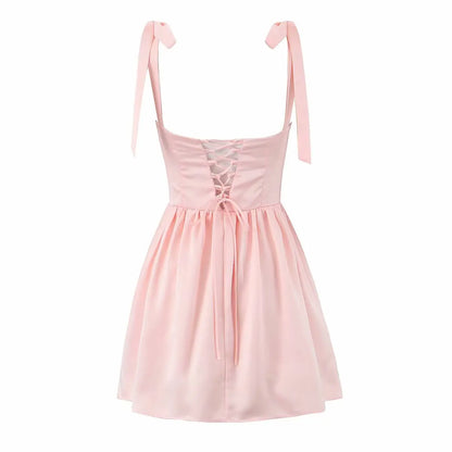 2025 Pleated Design Tie up Sleeveless Summer Dresses Women Solid Color Slim Fit Mini Dress Simple Fashion Party Dress