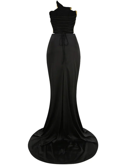 Gold Lace - up Tops 2 Pieces Floor - length Dress