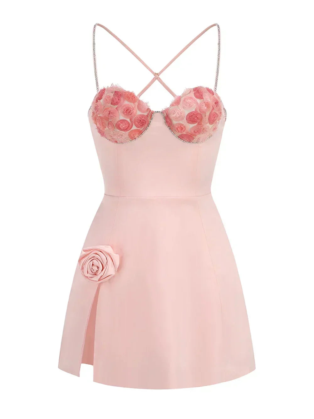 3D Flower Spaghetti Strap Party Mini Dress