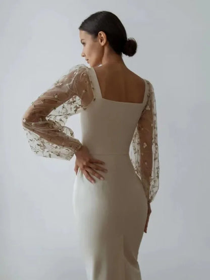 Alfonsine Premium Evening and Party Dress with Square Neckline and Long Sleeves Statement Occasion Edit