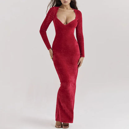 Red Long Sleeve Side Slit Dress