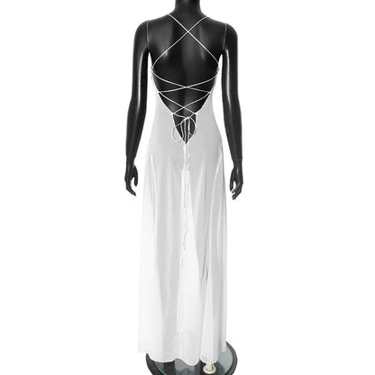 Mesh White Spaghetti Strap Hollow Out Dress