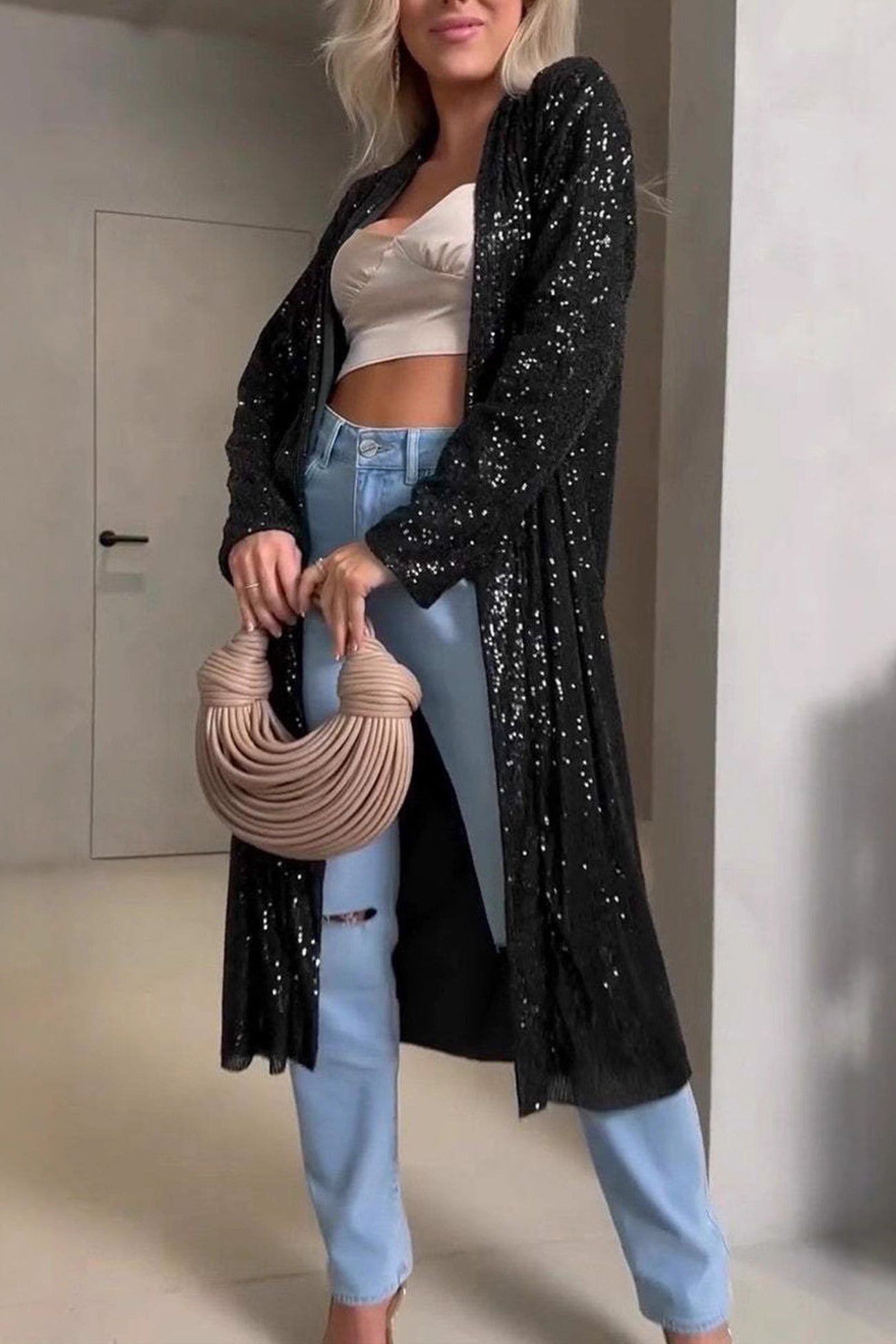 Sequin Long Sleeve Long Cardigan