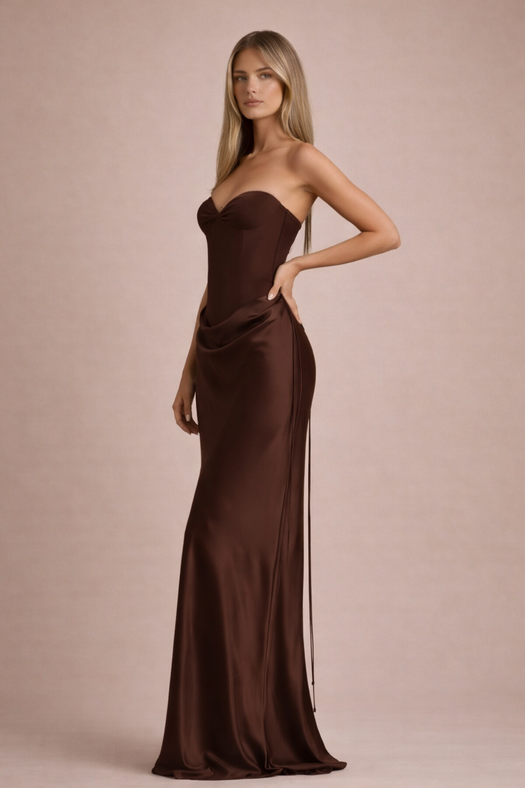 Serena Halter Neck Corset Maxi Dress – Brown Satin Evening Gown