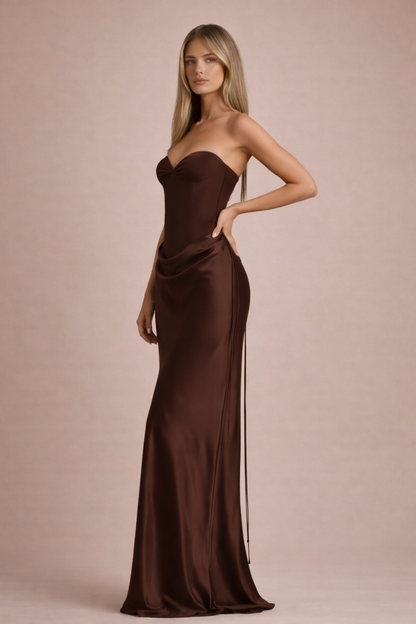 Serena Halter Neck Corset Maxi Dress – Brown Satin Evening Gown