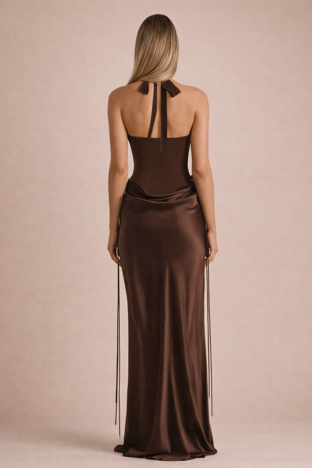 Serena Halter Neck Corset Maxi Dress – Brown Satin Evening Gown