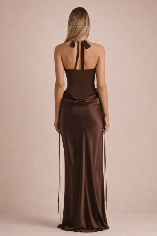 Serena Halter Neck Corset Maxi Dress – Brown Satin Evening Gown