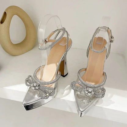 Elegant PVC Transparent Pointed Platform Women Rhinestone Butterflyknot High Heel