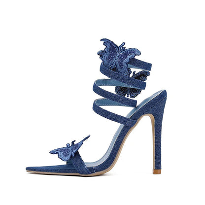 Denim Embroidery Butterflyknot Thin High Heel Pointed Toe Party High Heel