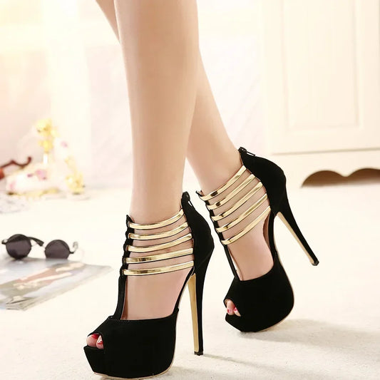 Sleek  Open Toe Platform Narrow Band Hollow Elegant High Heel