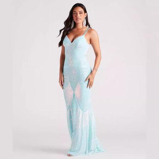 V Neck Sequ Floor - Length Evening Dress Elegant Cocktail Party Party Dress
