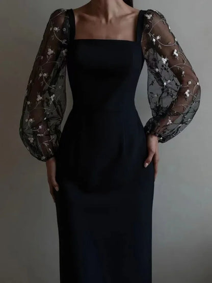 Alfonsine Premium Evening and Party Dress with Square Neckline and Long Sleeves Statement Occasion Edit