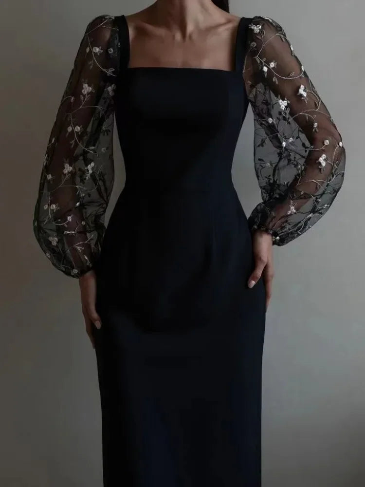Aurora Aesthetic Evening and Party Dress with Square Neckline and Long Sleeves Statement Occasion Edit
