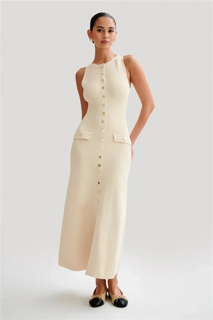Knit Maxi Dress with Pockets Button - Front