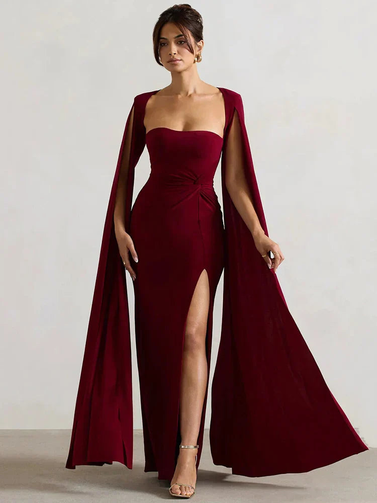 Elegant Cape Sleeve Maxi Dress with High Split