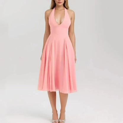 Pink Deep V Collar Halter Sling Midi Dress