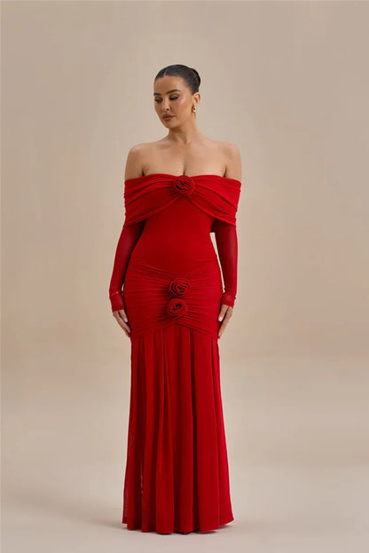 Off - shoulder Strapless Rose Long Sleeve Dress