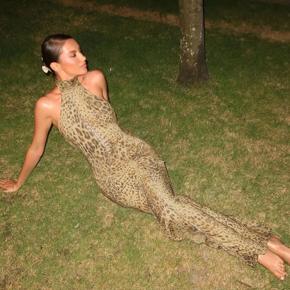 Halter Leopard Embellished Long Dress