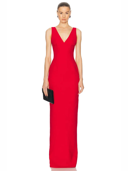 Deep V Neck Red Sleeveless Bodycon Long Dress