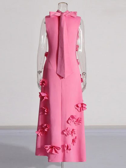 3D Flower Appliqué Mock Neck Midi Dress