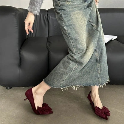 Autumn Elegant Butterfly Knot Stylish Pointed Toe  Stiletto Low Heel Pumps